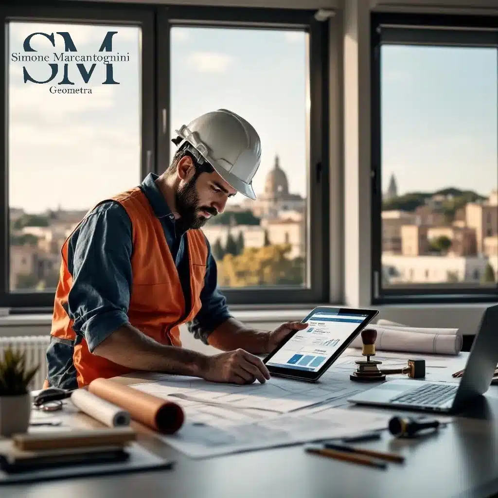 Geometra professionista a Roma che elabora una pratica CILA Roma urgente su portale SUET con planimetrie sul tavolo