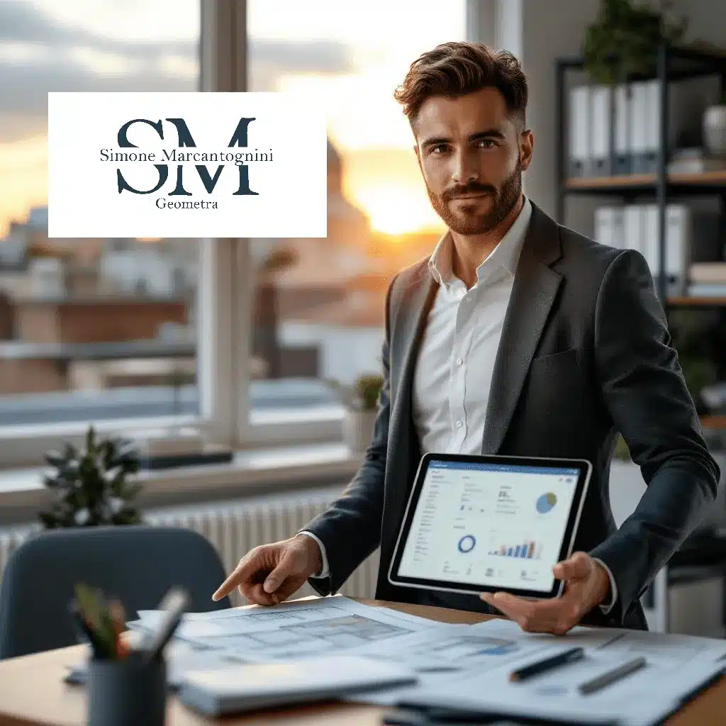 Un uomo in giacca e cravatta è in piedi in un ufficio moderno con in mano una tavoletta digitale che mostra grafici relativi alla Sanzione Cila Roma. Sulla scrivania sono presenti documenti e un computer portatile. La luce del sole filtra dalla finestra e il logo 