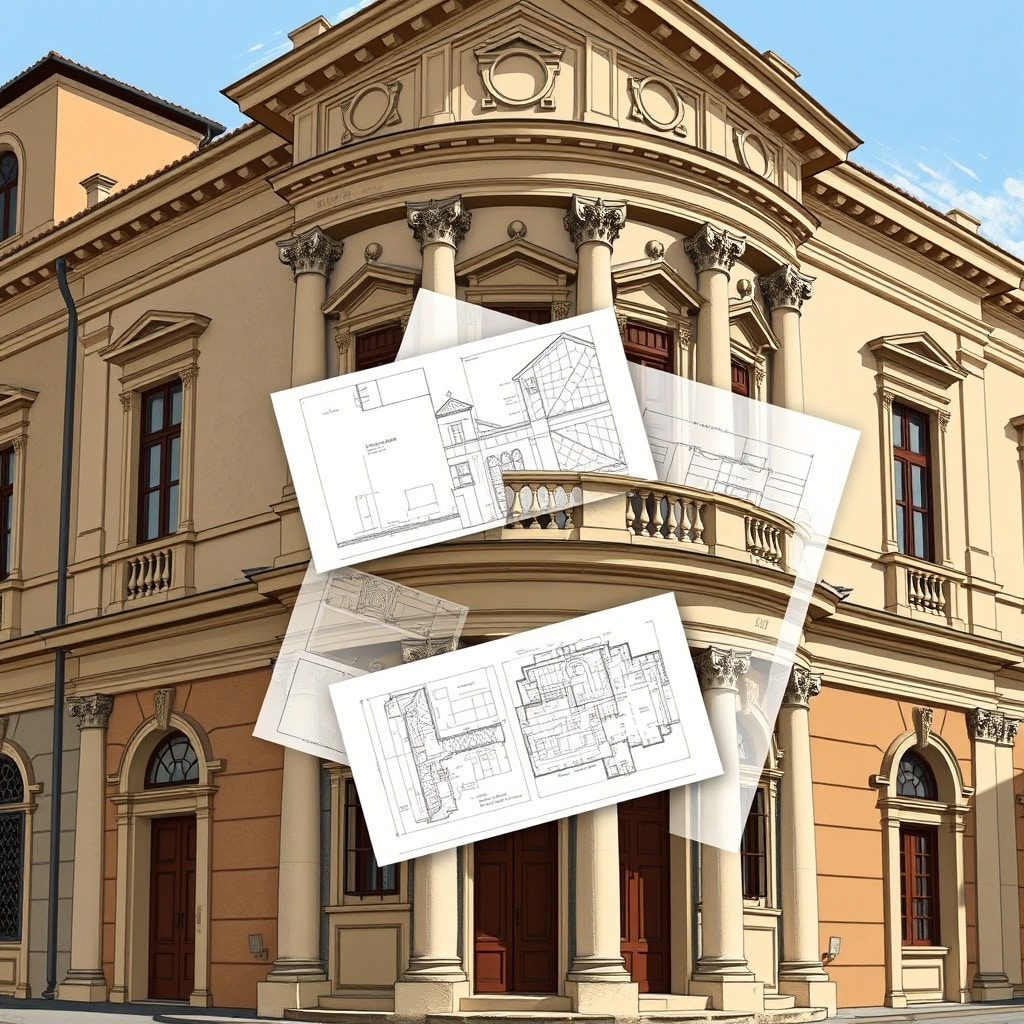 Un edificio classico con colonne ed elementi decorativi funge da sfondo per diversi progetti architettonici sovrapposti alla sua facciata, che ricordano Voltura Castale, Roma. I progetti mostrano intricati layout delle stanze e dettagli strutturali.