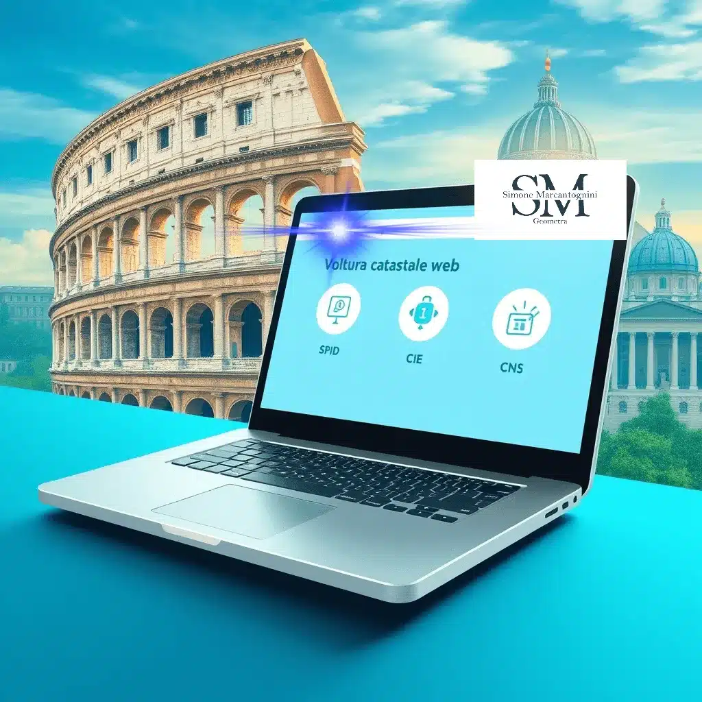 Un laptop che mostra una schermata blu con testo e icone etichettate SPID, CIE, CNS e Voltura Catastale WEB 2025. Sullo sfondo incombe un edificio storico con archi accanto a una struttura a forma di cupola, mentre un logo è elegantemente posizionato in alto a destra dell'immagine.