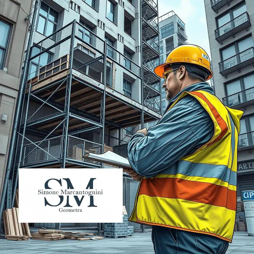 Un operaio edile con casco e giubbotto di sicurezza è in piedi con un blocco per appunti, mentre sorveglia un moderno cantiere. Sullo sfondo sono presenti impalcature e strutture incompiute. Un logo con 