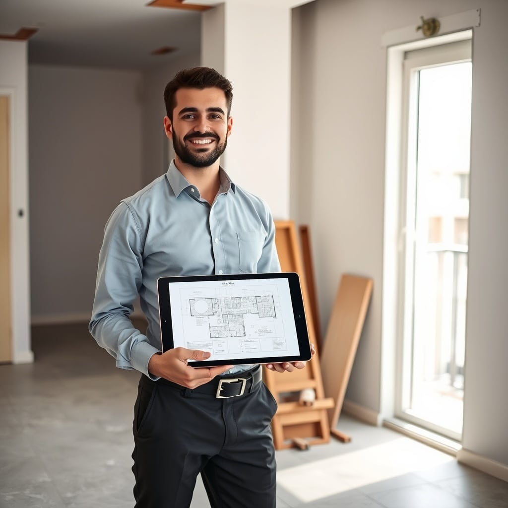 Un uomo in abiti da ufficio è in piedi in una stanza moderna e spoglia, sorridente e con in mano un tablet su cui sono esposte le planimetrie architettoniche del geometra Marcantognini. La luce del sole filtra attraverso una porta a vetri; delle assi di legno sono appoggiate alla parete sullo sfondo.