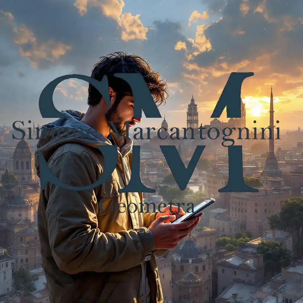 Un uomo in giacca utilizza uno smartphone mentre si trova su un tetto al tramonto, con vista sullo storico paesaggio urbano di SUET COMUNE DI ROMA con cupole e guglie. Un grande testo semitrasparente si sovrappone all'immagine.
