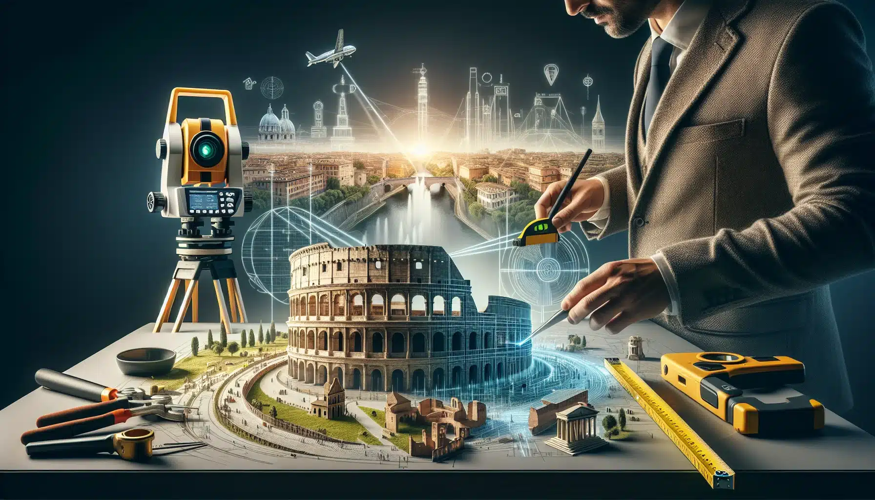 Un uomo in giacca e cravatta usa strumenti digitali per progettare un modello dettagliato che ricorda il Colosseo su un tavolo. Gli strumenti circostanti includono una livella, una bussola e un teodolite, che riflettono la precisione del geometra Marcantognini. Un paesaggio urbano con icone e circuiti digitali costituisce lo sfondo di questa moderna creazione ispirata a Roma.
