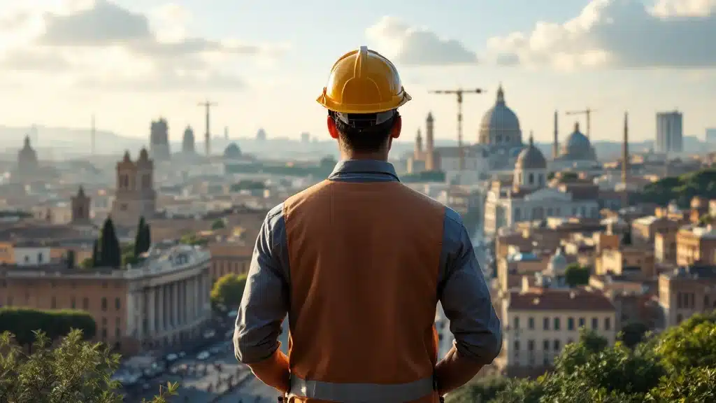 Un geometra con un casco giallo e un giubbotto arancione osserva un paesaggio urbano di edifici architettonici storici e gru, che ricorda la Roma di Marcantognini, sotto un cielo nuvoloso.