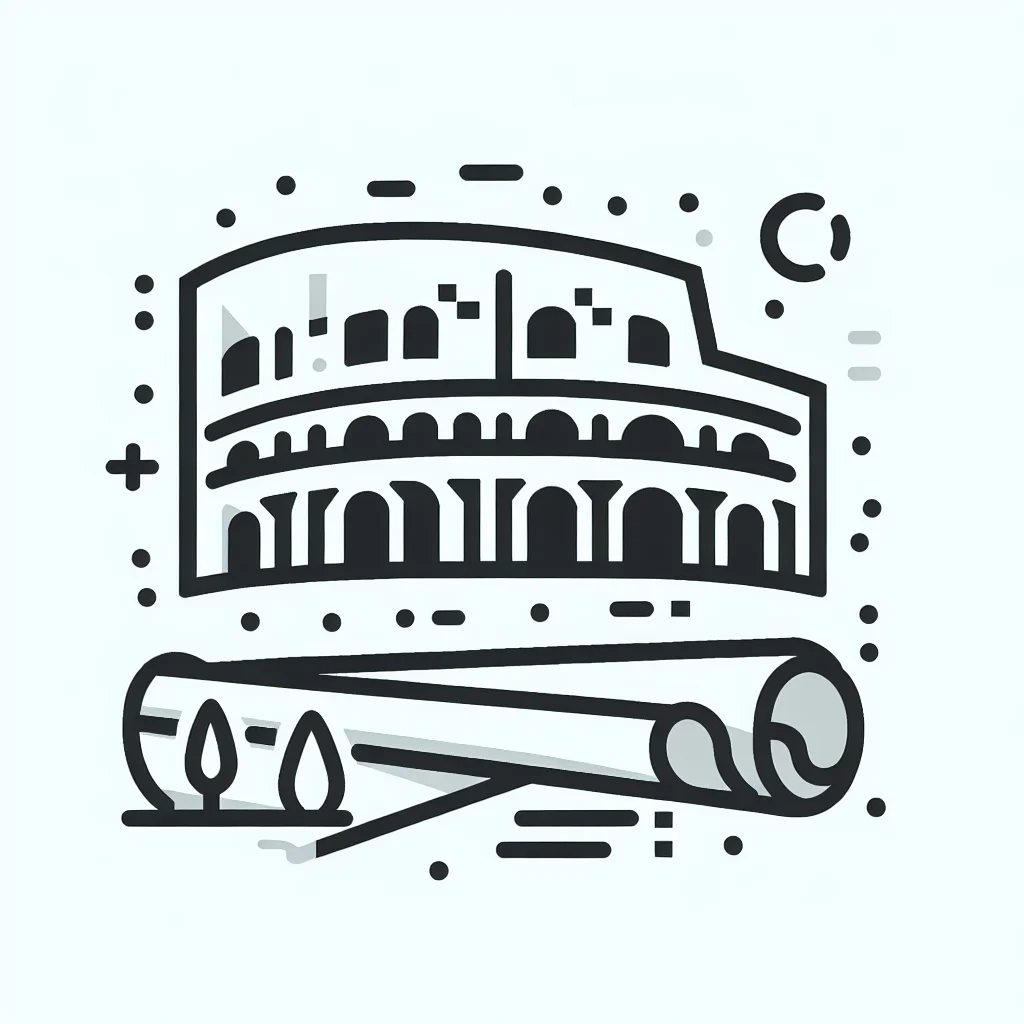Illustrazione del Colosseo con elementi astratti, tra cui una pergamena e forme geometriche. Il design è minimalista con linee semplici e audaci e una combinazione di colori monocromatici. {{brizy_dc_image_alt imageSrc=