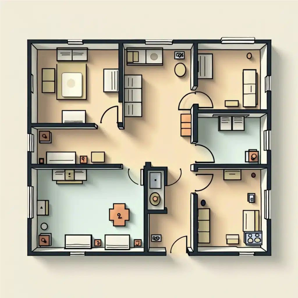 Una planimetria semplificata e illustrata di una casa con tre stanze, tra cui una cucina con elettrodomestici e una zona pranzo. Ogni stanza è dotata di mobili di base e porte che le collegano. La planimetria è mostrata da una prospettiva dall'alto verso il basso, simile alle pratiche di voltura catastale a Roma. {{brizy_dc_image_alt imageSrc=