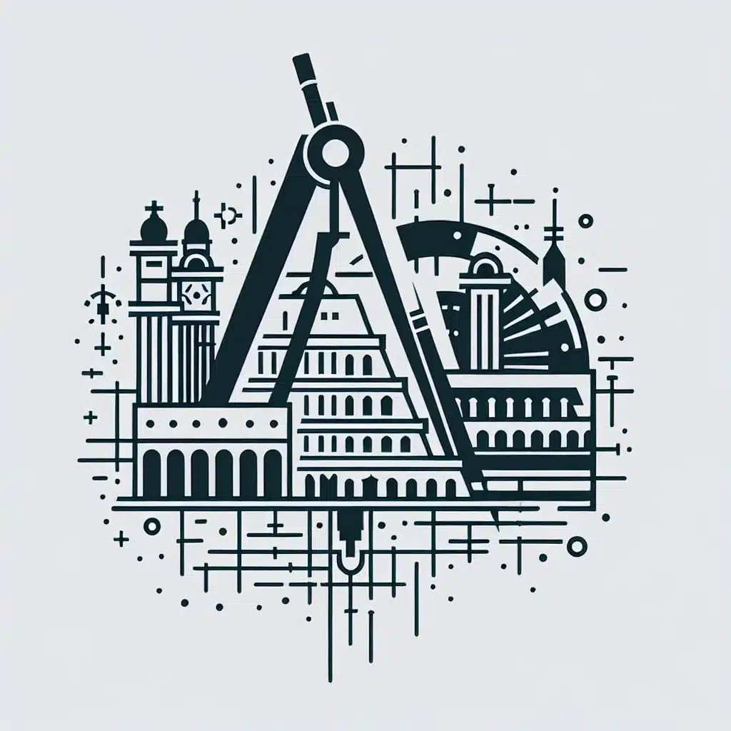 L'illustrazione mostra una bussola centrata su punti di riferimento iconici come il Big Ben e il Partenone, intrecciata con forme e linee geometriche, che incarnano concetti di design architettonico. CIla Comune di Roma aggiunge un tocco italiano a questa miscela di arte ingegneristica. {{brizy_dc_image_alt imageSrc=