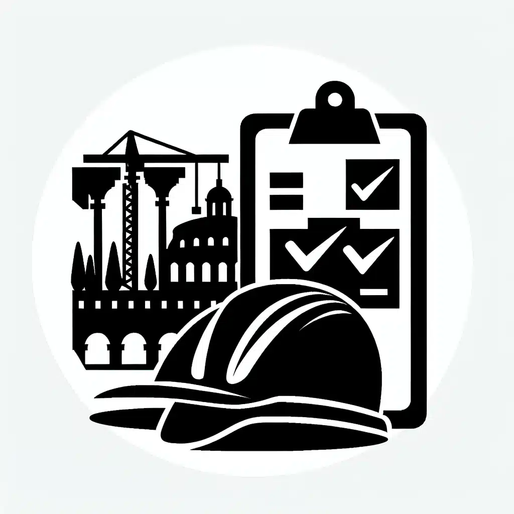 Icona raffigurante elementi di costruzione: un casco di protezione Cila Roma Capitale in primo piano, una lavagna con una lista di controllo e una silhouette di edifici e gru sullo sfondo. {{brizy_dc_image_alt imageSrc=