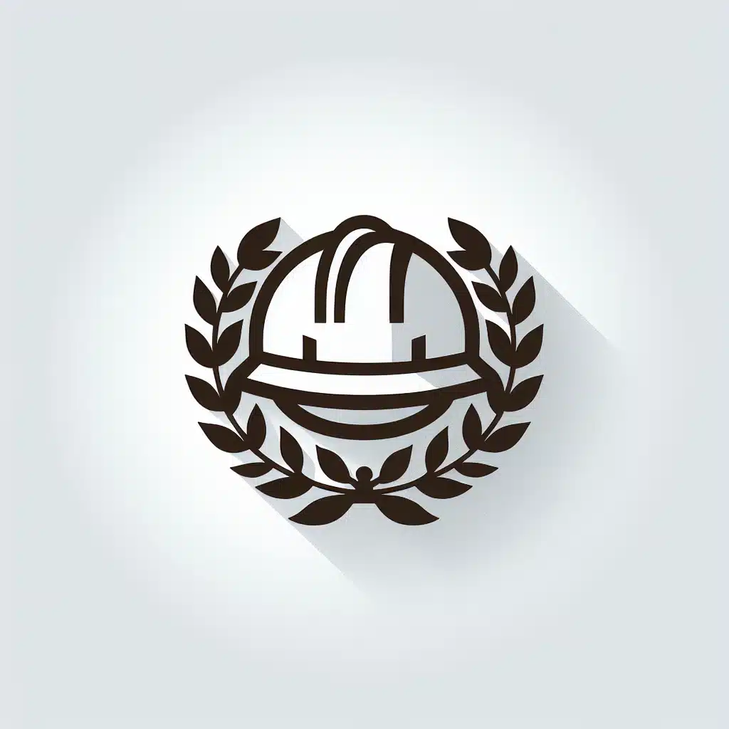 Icona di un casco circondato da foglie di alloro, simbolo di costruzione e realizzazione. Il design è nero con un'ombra morbida su uno sfondo chiaro. {{brizy_dc_image_alt imageSrc=