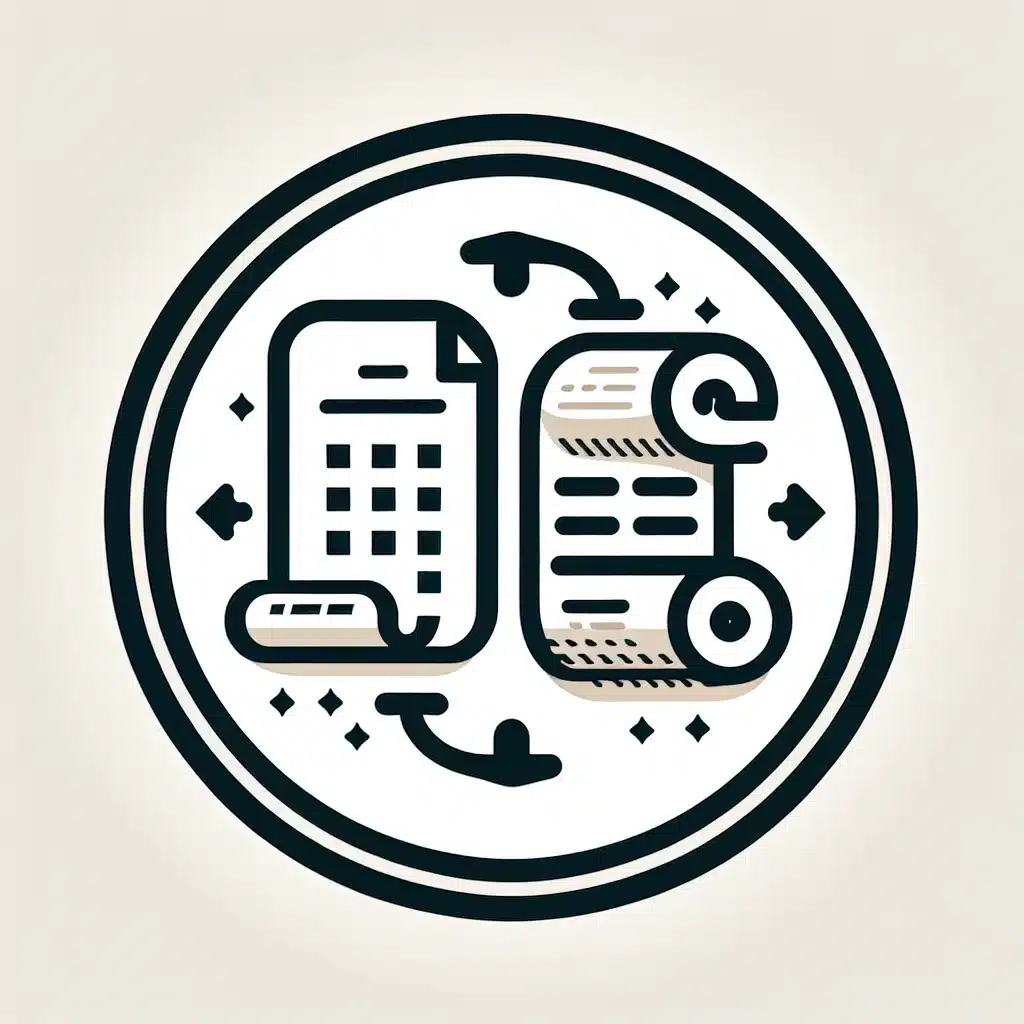 Icona di un telefono cellulare e di una pergamena collegate da frecce in un bordo circolare. Il telefono mostra un motivo a griglia, che simboleggia app o un calendario per la gestione di attività come la voltura catastale Roma. La pergamena rappresenta un documento tradizionale, con frecce che indicano interazione o trasformazione. {{brizy_dc_image_alt imageSrc=