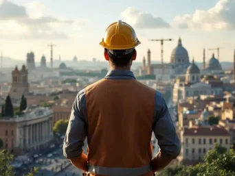 Un geometra con un casco giallo e un giubbotto arancione osserva un paesaggio urbano di edifici architettonici storici e gru, che ricorda la Roma di Marcantognini, sotto un cielo nuvoloso.