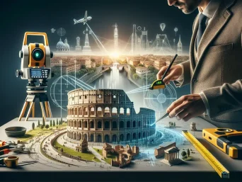 Un uomo in giacca e cravatta usa strumenti digitali per progettare un modello dettagliato che ricorda il Colosseo su un tavolo. Gli strumenti circostanti includono una livella, una bussola e un teodolite, che riflettono la precisione del geometra Marcantognini. Un paesaggio urbano con icone e circuiti digitali costituisce lo sfondo di questa moderna creazione ispirata a Roma.