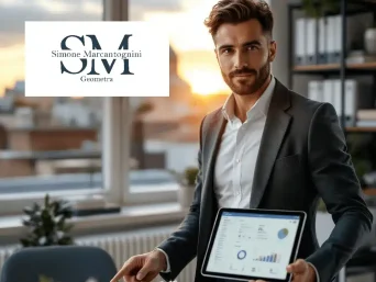 Un uomo in giacca e cravatta è in piedi in un ufficio moderno con in mano una tavoletta digitale che mostra grafici relativi alla Sanzione Cila Roma. Sulla scrivania sono presenti documenti e un computer portatile. La luce del sole filtra dalla finestra e il logo 