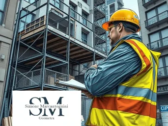 Un operaio edile con casco e giubbotto di sicurezza è in piedi con un blocco per appunti, mentre sorveglia un moderno cantiere. Sullo sfondo sono presenti impalcature e strutture incompiute. Un logo con 