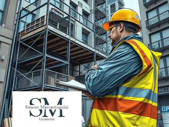 Un operaio edile con casco e giubbotto di sicurezza è in piedi con un blocco per appunti, mentre sorveglia un moderno cantiere. Sullo sfondo sono presenti impalcature e strutture incompiute. Un logo con 