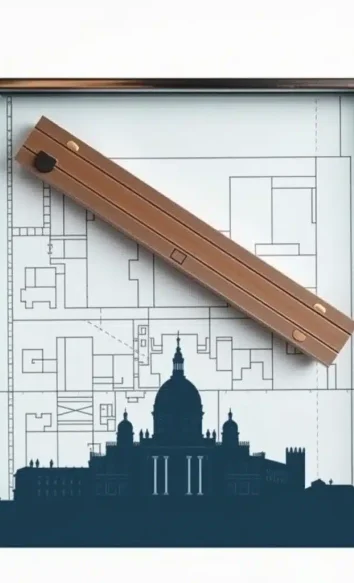 Un progetto architettonico incorniciato è sovrapposto alla silhouette di un edificio neoclassico. Una scala architettonica in legno poggia sulla parte superiore, aggiungendo un elemento tridimensionale alla composizione.