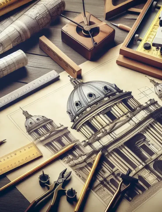 Disegno architettonico di un edificio classico con cupole su un tavolo circondato da strumenti da disegno, progetti, righelli e un modello. Pezzi degli scacchi e una tastiera evidenziano la miscela di tecnologia e tradizione, catturando l'essenza di Geometra a Roma migliore.