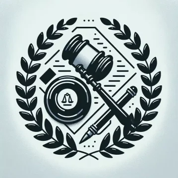 Un'illustrazione in bianco e nero che mostra il martelletto di un giudice, un piccolo blocco di martelletto con il simbolo della bilancia legale di Cila Roma Capitale e una penna su un documento, circondata da una corona d'alloro. Il design incarna la legge e la giustizia.