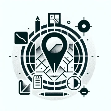 Un'illustrazione in bianco e nero presenta un'icona a forma di puntina da mappa al centro, circondata da vari simboli come una matita, un blocco note, una bussola e motivi a griglia. Il layout circolare con la sua estetica geometrica e astratta sussurra accenni all'essenza artistica di Cila Roma.