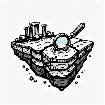Illustrazione di un sito di scavo archeologico su un segmento di terra galleggiante. Antiche colonne di pietra, che ricordano l'architettura storica di Cila Roma, si trovano sulla sinistra, mentre una lente di ingrandimento è appoggiata sulla destra, ingrandendo la consistenza del terreno. I detriti cadono dal bordo inferiore.
