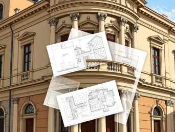 Un edificio classico con colonne ed elementi decorativi funge da sfondo per diversi progetti architettonici sovrapposti alla sua facciata, che ricordano Voltura Castale, Roma. I progetti mostrano intricati layout delle stanze e dettagli strutturali.