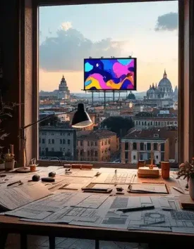 Uno spazio di lavoro accogliente con schizzi architettonici e piante. Una grande finestra rivela un paesaggio urbano con edifici a cupola al tramonto, che ricordano Roma. Un dipinto astratto colorato esalta la vivacità della scena, forse ispirato da una vicina autorizzazione insegna pubblicitaria.