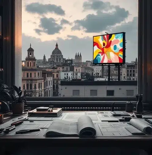 Una vista del paesaggio urbano da una finestra al tramonto rivela edifici storici e una cupola. All'interno, una scrivania d'arte con album da disegno aperti invita alla creatività. All'esterno, un sorprendente cartellone pubblicitario d'arte moderna—autorizzazione insegna pubblicitaria Roma—si erge in vibrante contrasto con l'architettura classica.