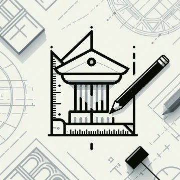 Progetto architettonico raffigurante un edificio con colonne classiche, che ricordano Cila Roma, insieme a un righello e una matita. Forme geometriche e strumenti da disegno sono disposti ad arte attorno all'immagine centrale, evocando temi senza tempo di progettazione e pianificazione.