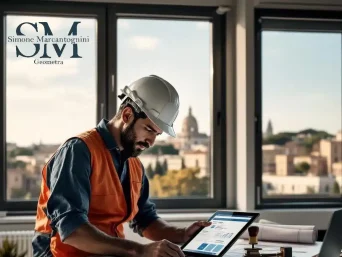 Geometra professionista a Roma che elabora una pratica CILA Roma urgente su portale SUET con planimetrie sul tavolo
