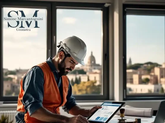 Geometra professionista a Roma che elabora una pratica CILA Roma urgente su portale SUET con planimetrie sul tavolo