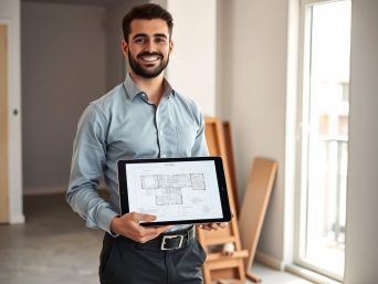 Un uomo in abiti da ufficio è in piedi in una stanza moderna e spoglia, sorridente e con in mano un tablet su cui sono esposte le planimetrie architettoniche del geometra Marcantognini. La luce del sole filtra attraverso una porta a vetri; delle assi di legno sono appoggiate alla parete sullo sfondo.