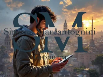 Un uomo in giacca utilizza uno smartphone mentre si trova su un tetto al tramonto, con vista sullo storico paesaggio urbano di SUET COMUNE DI ROMA con cupole e guglie. Un grande testo semitrasparente si sovrappone all'immagine.