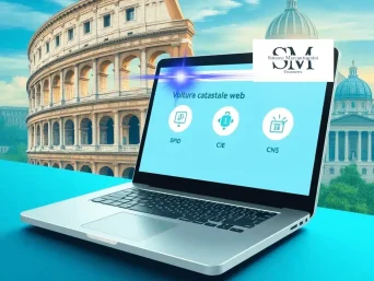 Un laptop che mostra una schermata blu con testo e icone etichettate SPID, CIE, CNS e Voltura Catastale WEB 2025. Sullo sfondo incombe un edificio storico con archi accanto a una struttura a forma di cupola, mentre un logo è elegantemente posizionato in alto a destra dell'immagine.